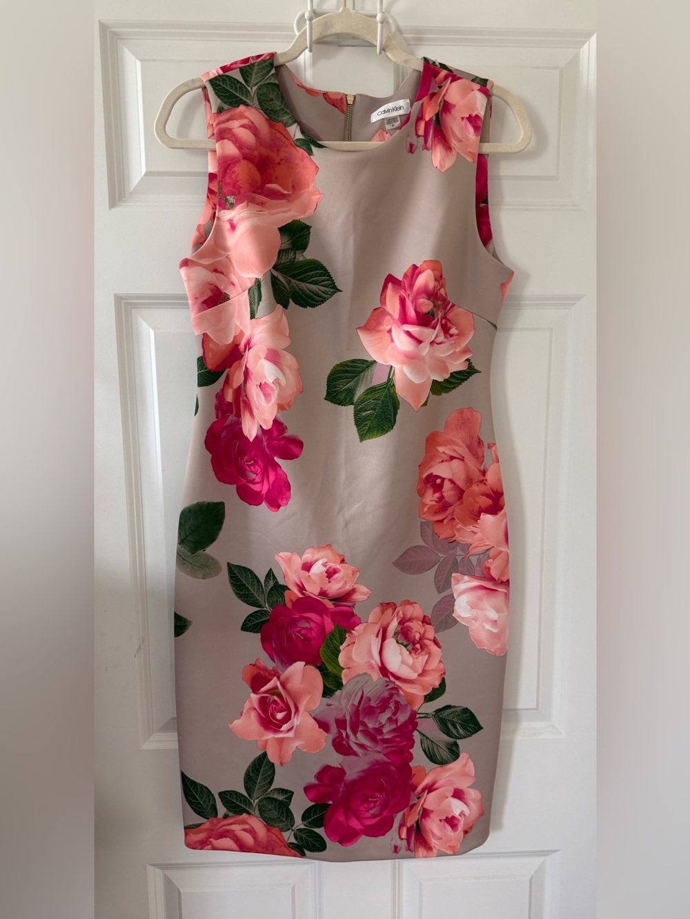 Calvin Klein Taupe Sheath Dress with Pink Rose Floral